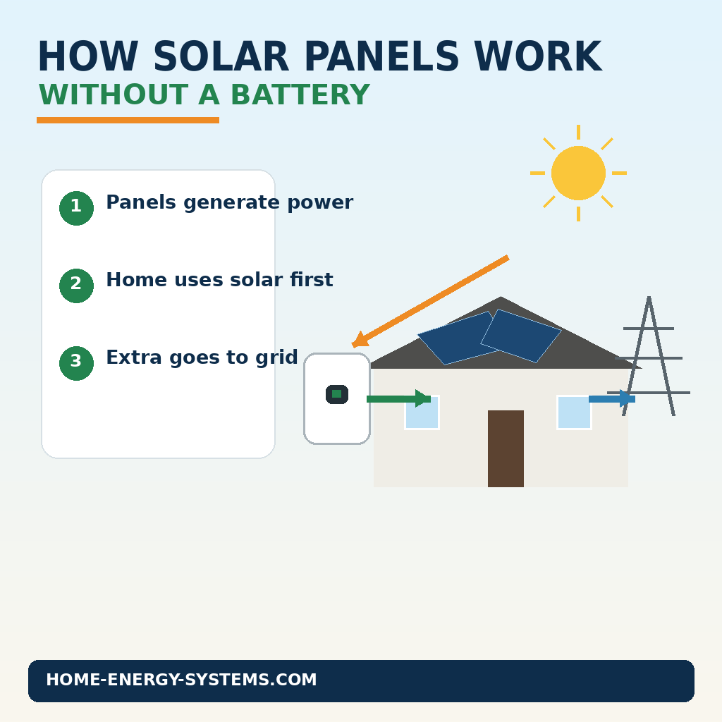 How solar panels work without a battery showing solar generation, inverter, home and electricity grid