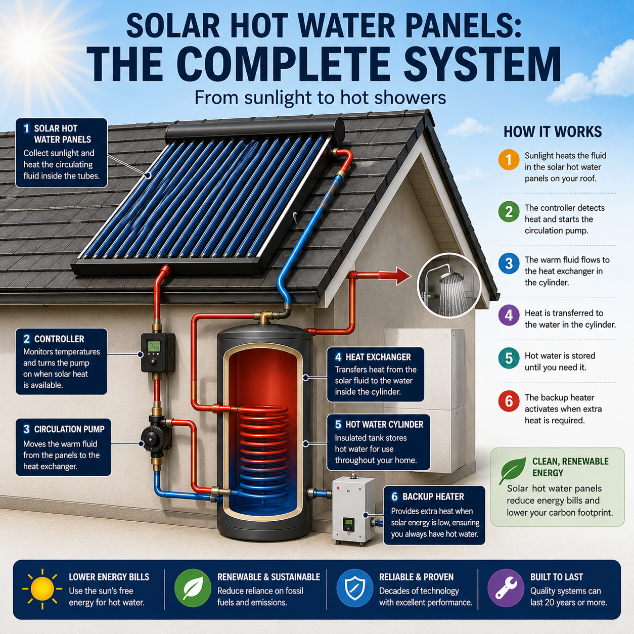 Complete solar water heating system with collectors pump controller heat exchanger and hot water cylinder