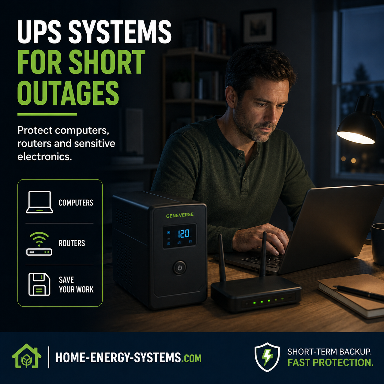 UPS system providing short term backup power for computers and Wi-Fi routers