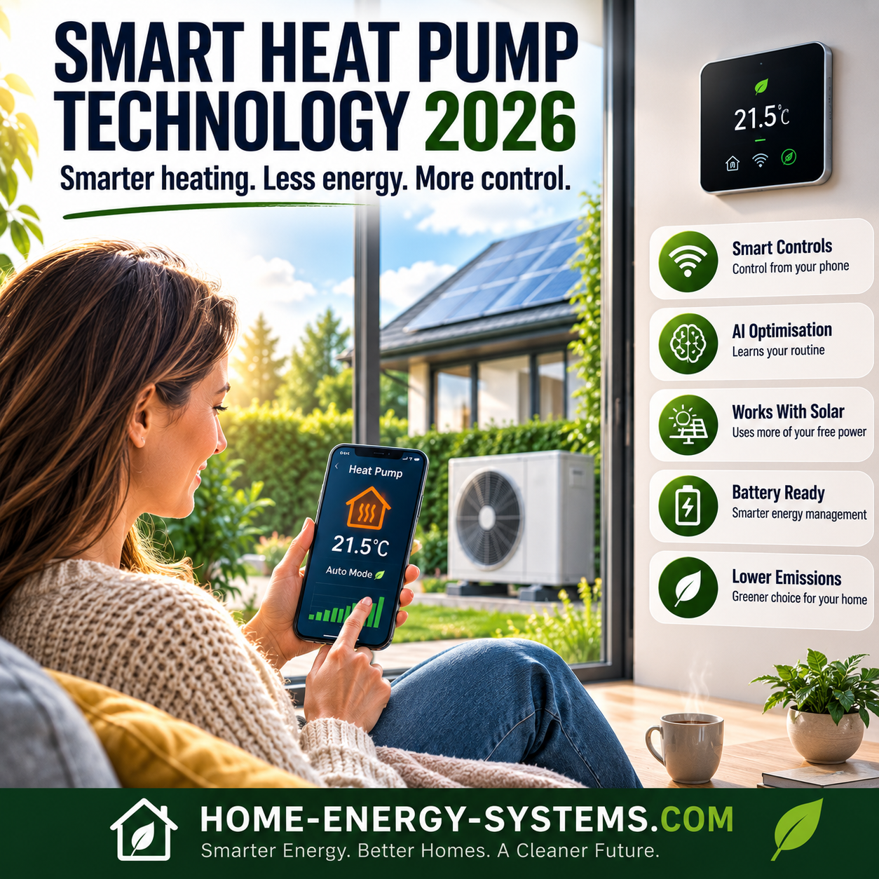 Woman controlling future smart heat pump technology from a smartphone
