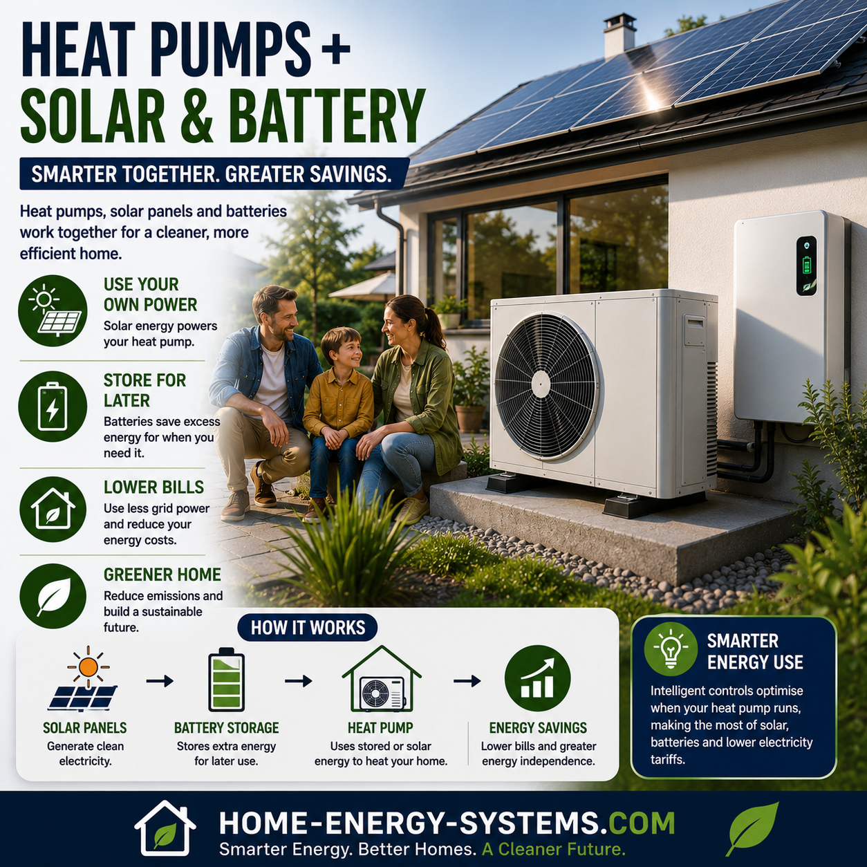 Heat pump integrated with solar panels and home battery storage