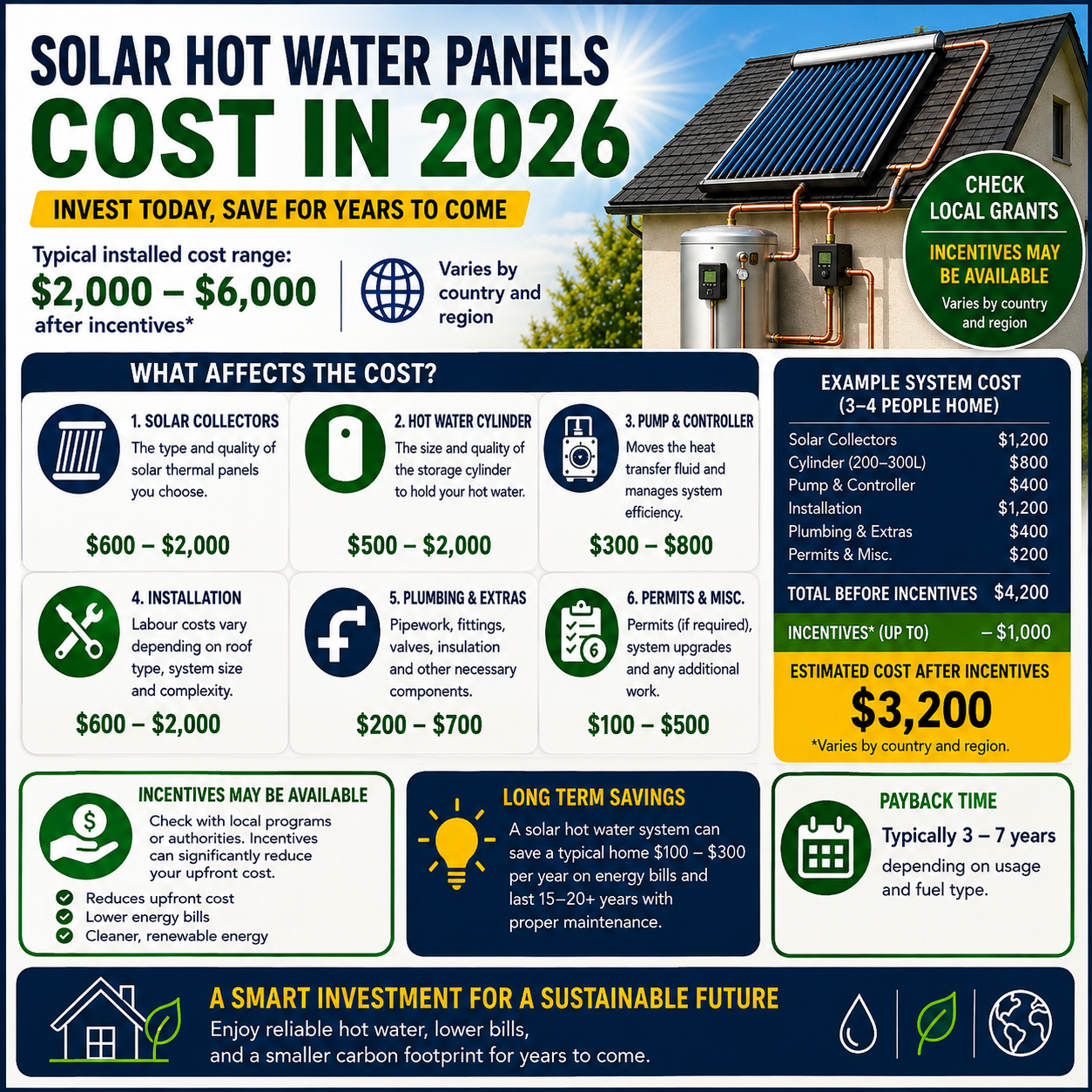 Solar water heating system costs and solar hot water panel installation costs 2026