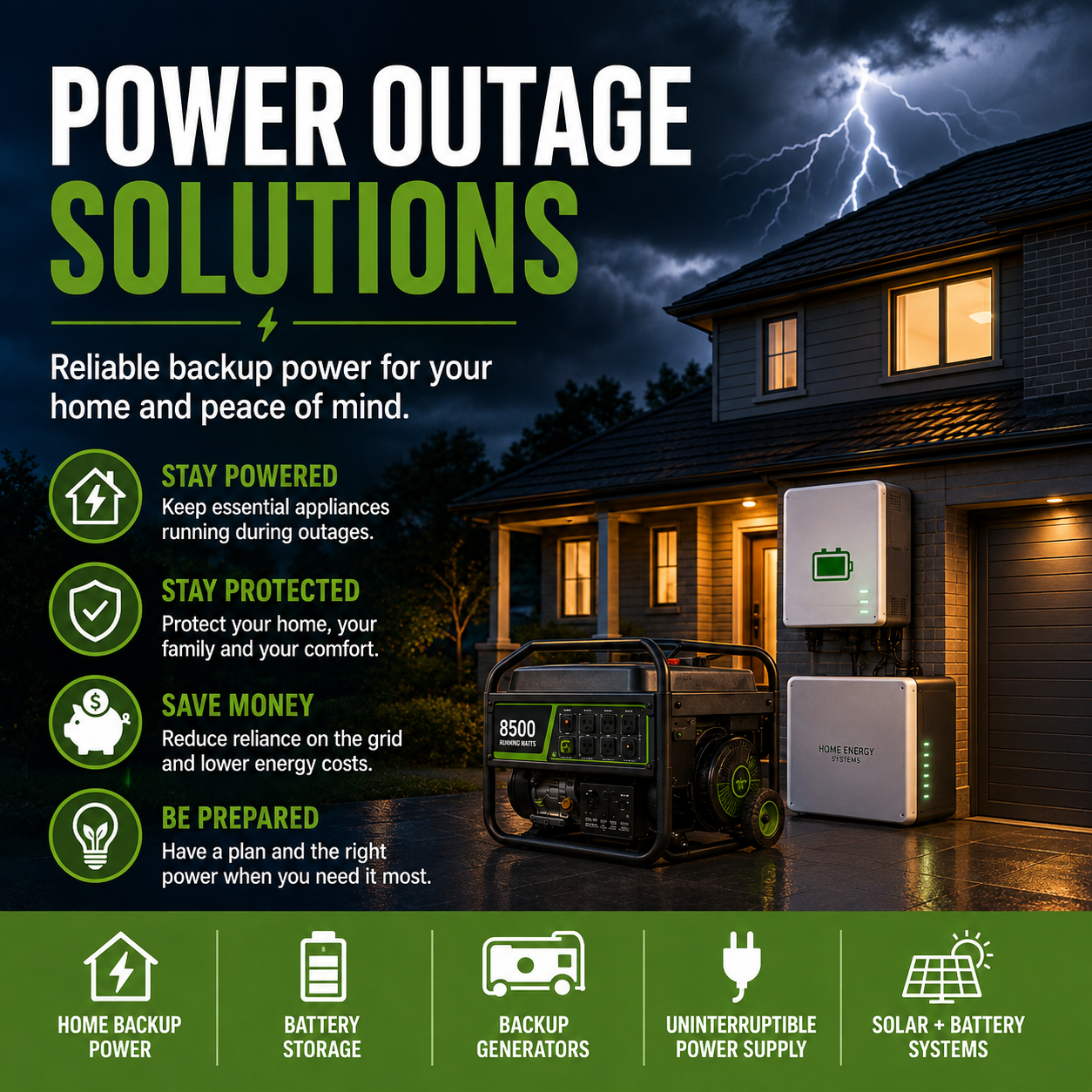 Power outage solutions including home battery storage portable power stations and backup generators