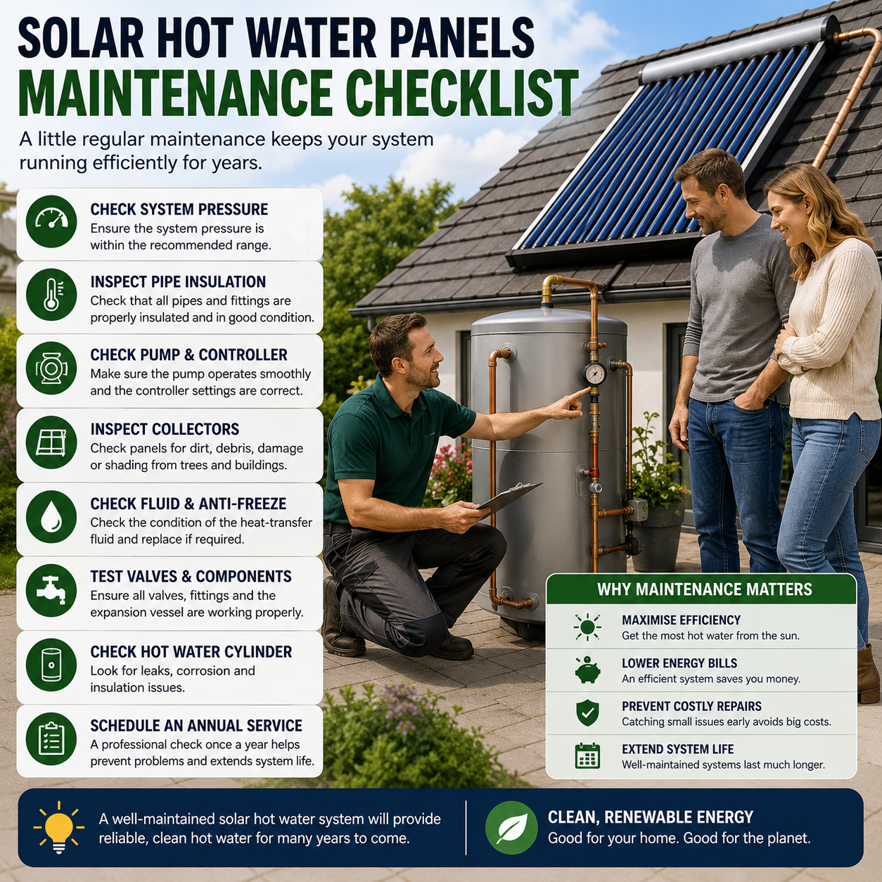 Solar water heating system maintenance checklist