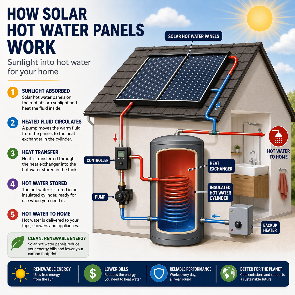 How solar water heating systems and solar hot water panels work