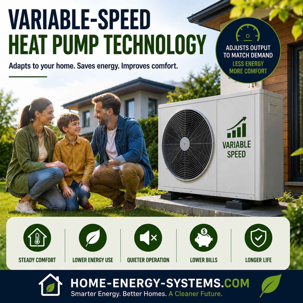 Family beside a modern variable-speed heat pump system