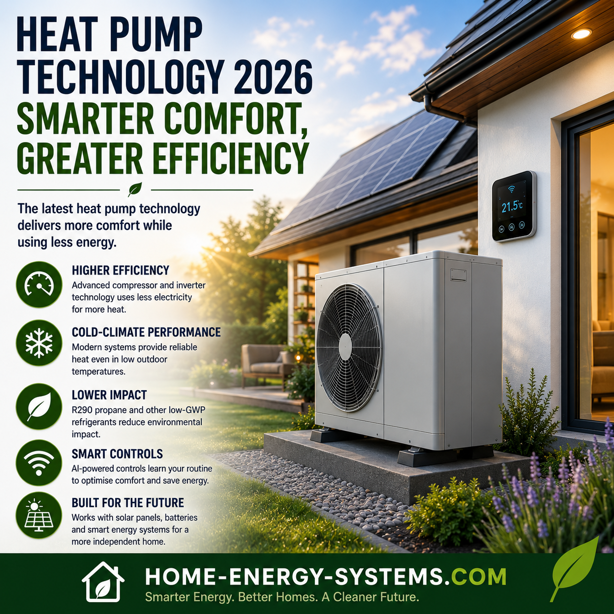 Future heat pump technology beside a modern energy-efficient home