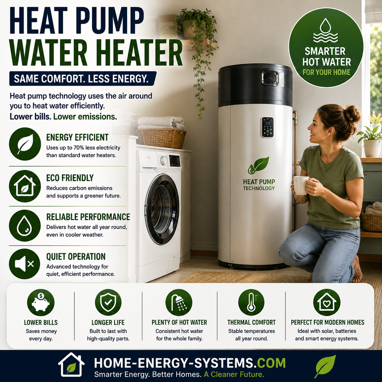 Heat pump water heater in a modern utility room