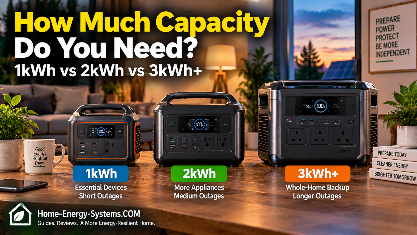 Battery capacity comparison showing 1kWh 2kWh and 3kWh options