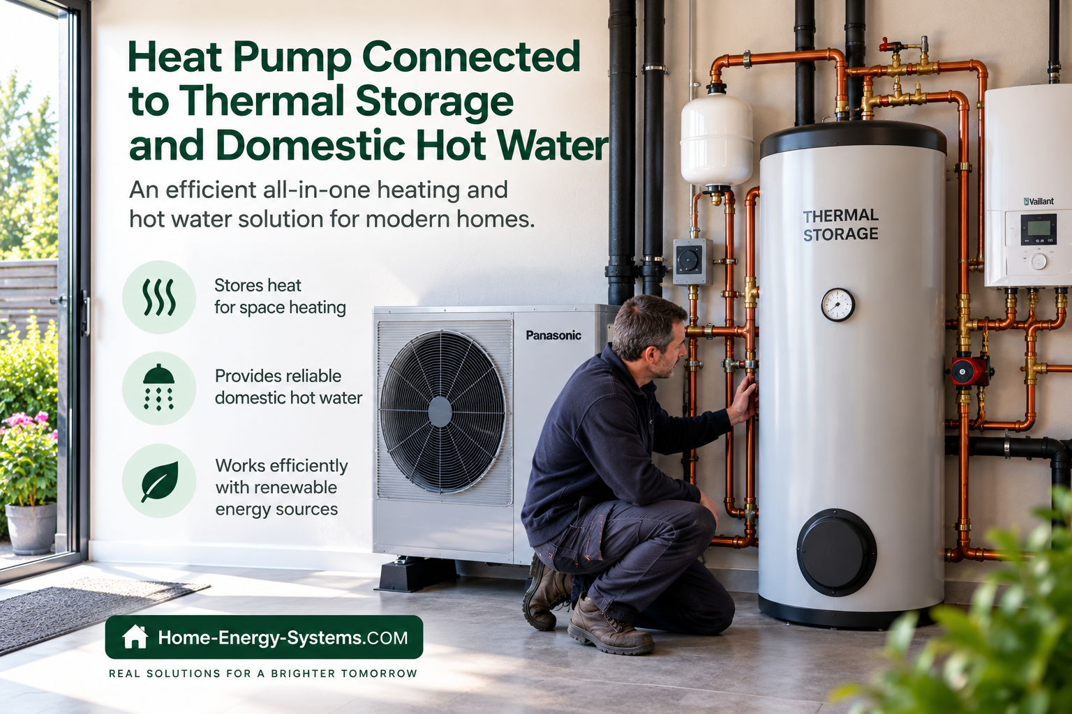 Heat pump connected to thermal storage and domestic hot water