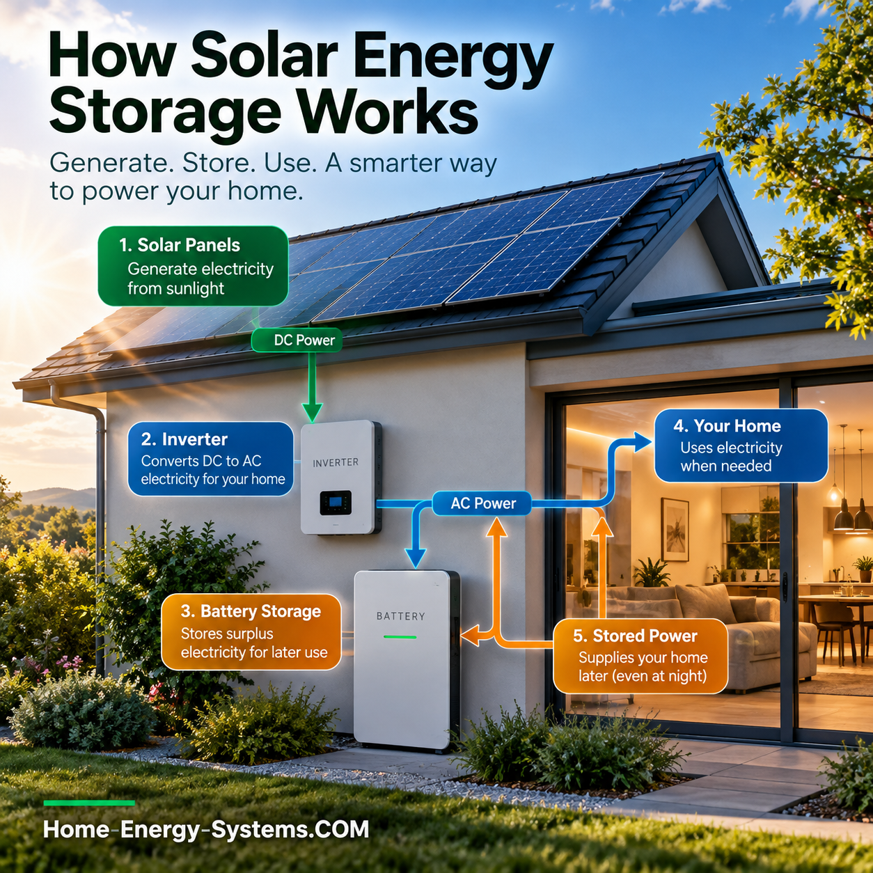 Diagram showing electricity flow from rooftop panels through an inverter to a home
