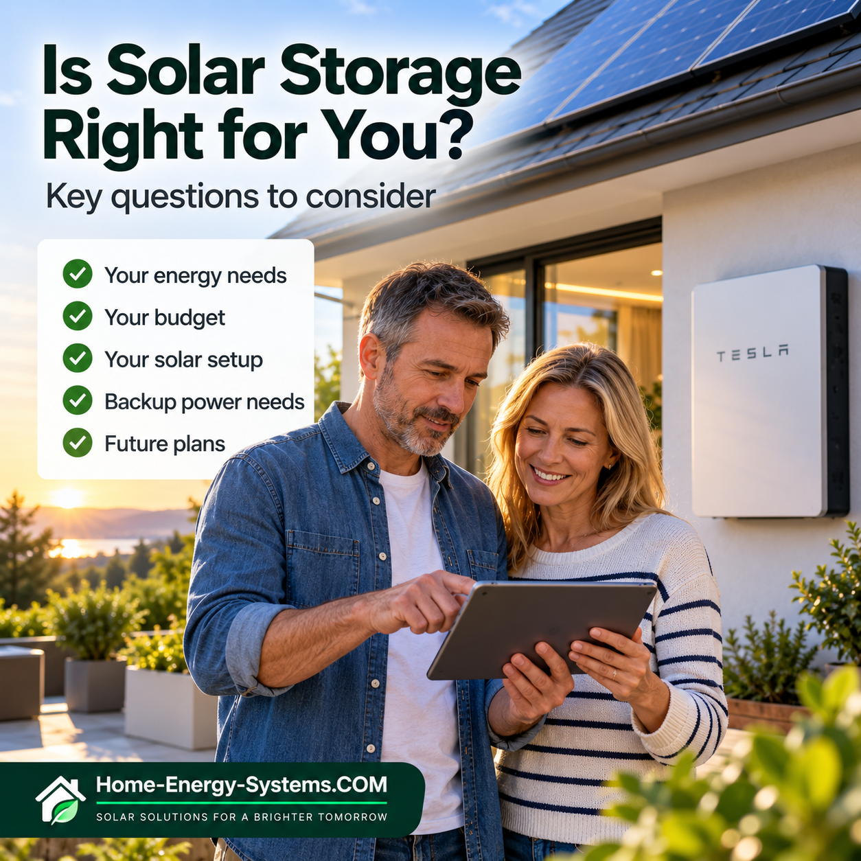 Homeowners reviewing home power equipment choices on a tablet