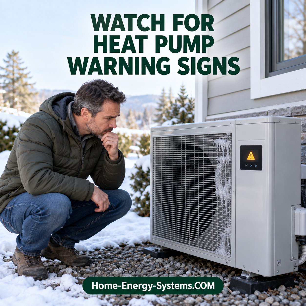 Homeowner inspecting ice and a warning indicator on outdoor equipment