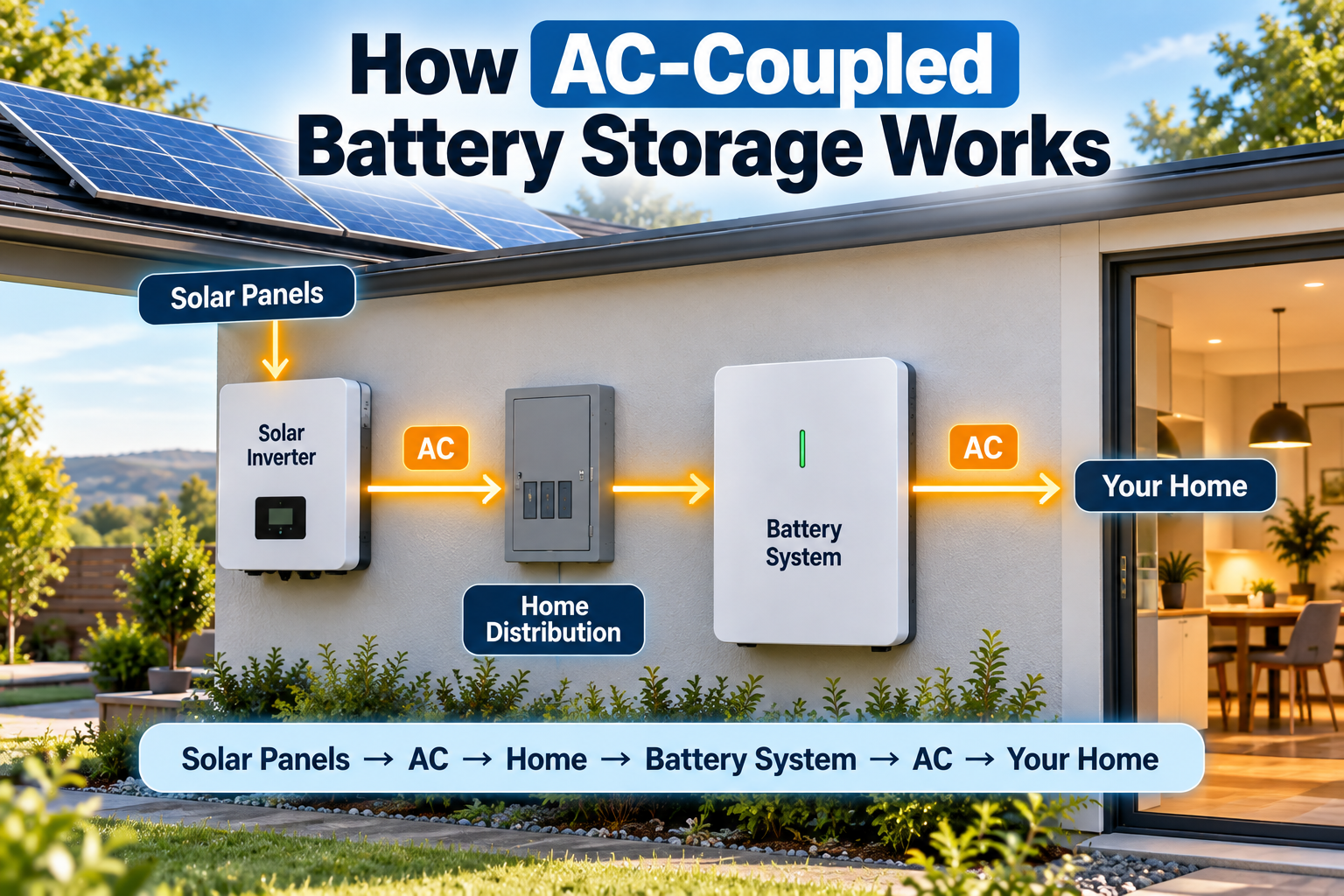 Solar inverter and home battery showing AC-coupled energy flow