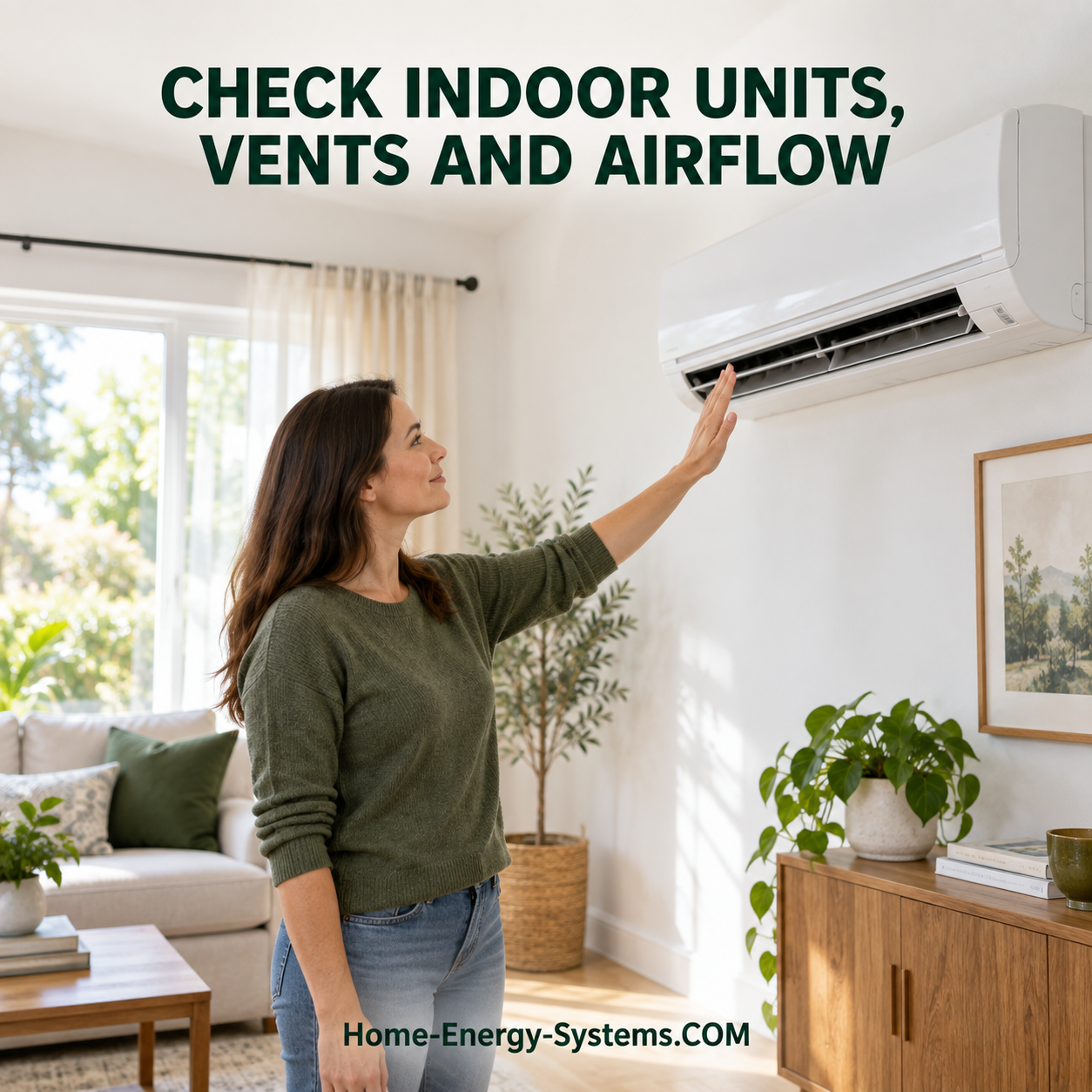 Homeowner checking airflow from a wall-mounted heat pump