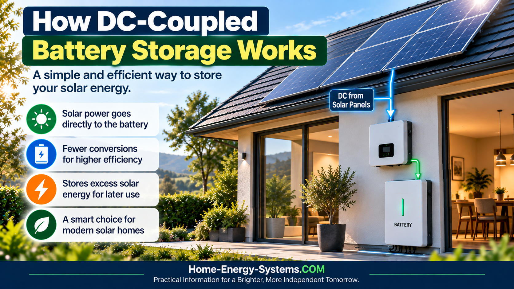 Solar panels sending direct current into a home battery before conversion