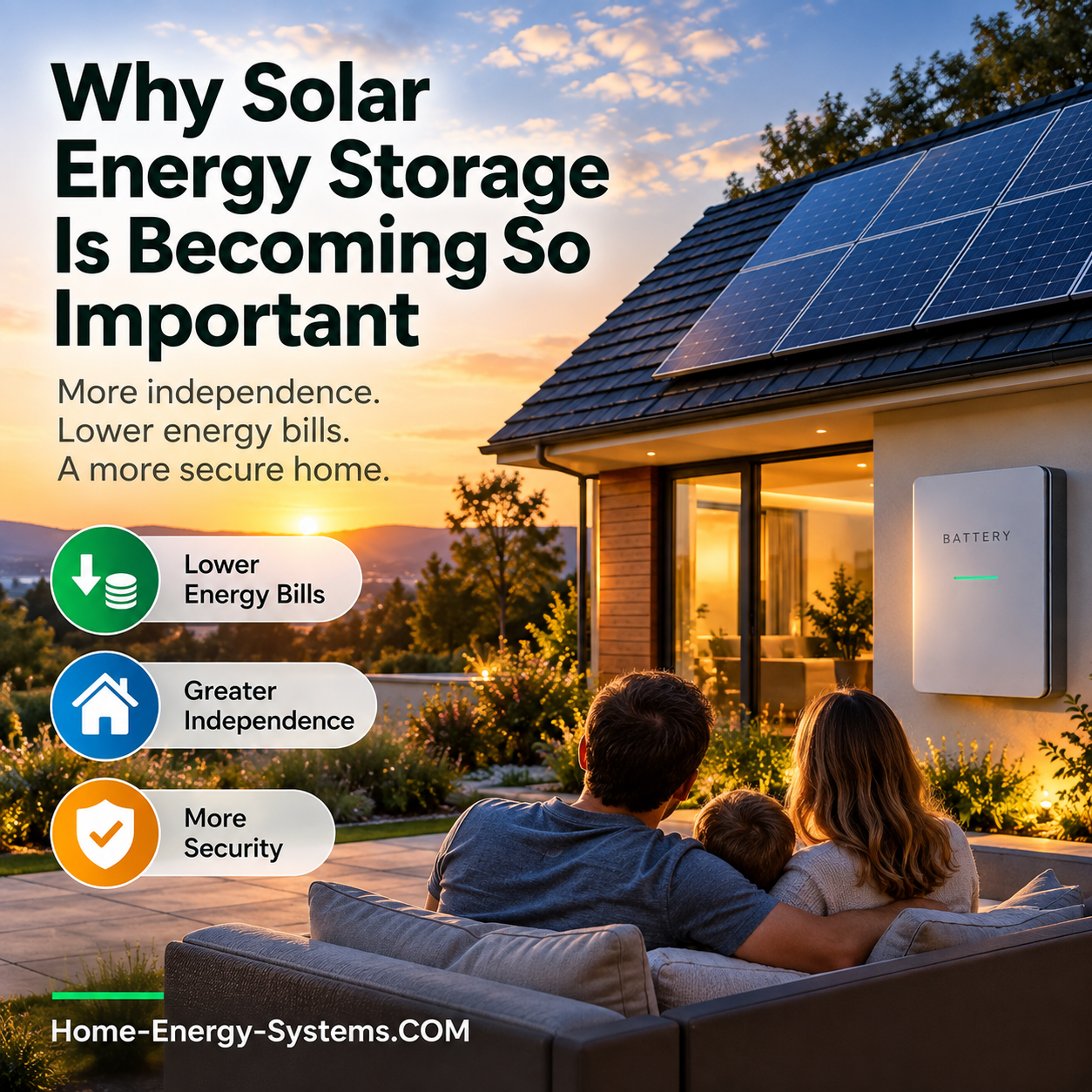 Family outside a modern solar powered house at sunset