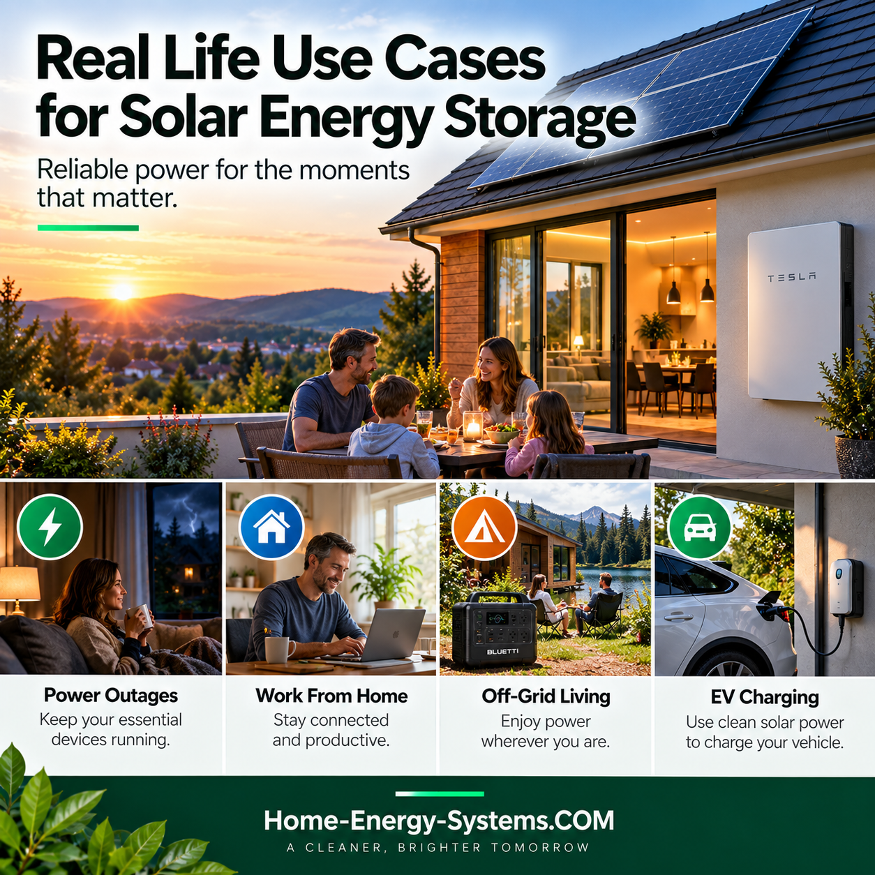 Household uses including outage backup EV charging and off-grid living