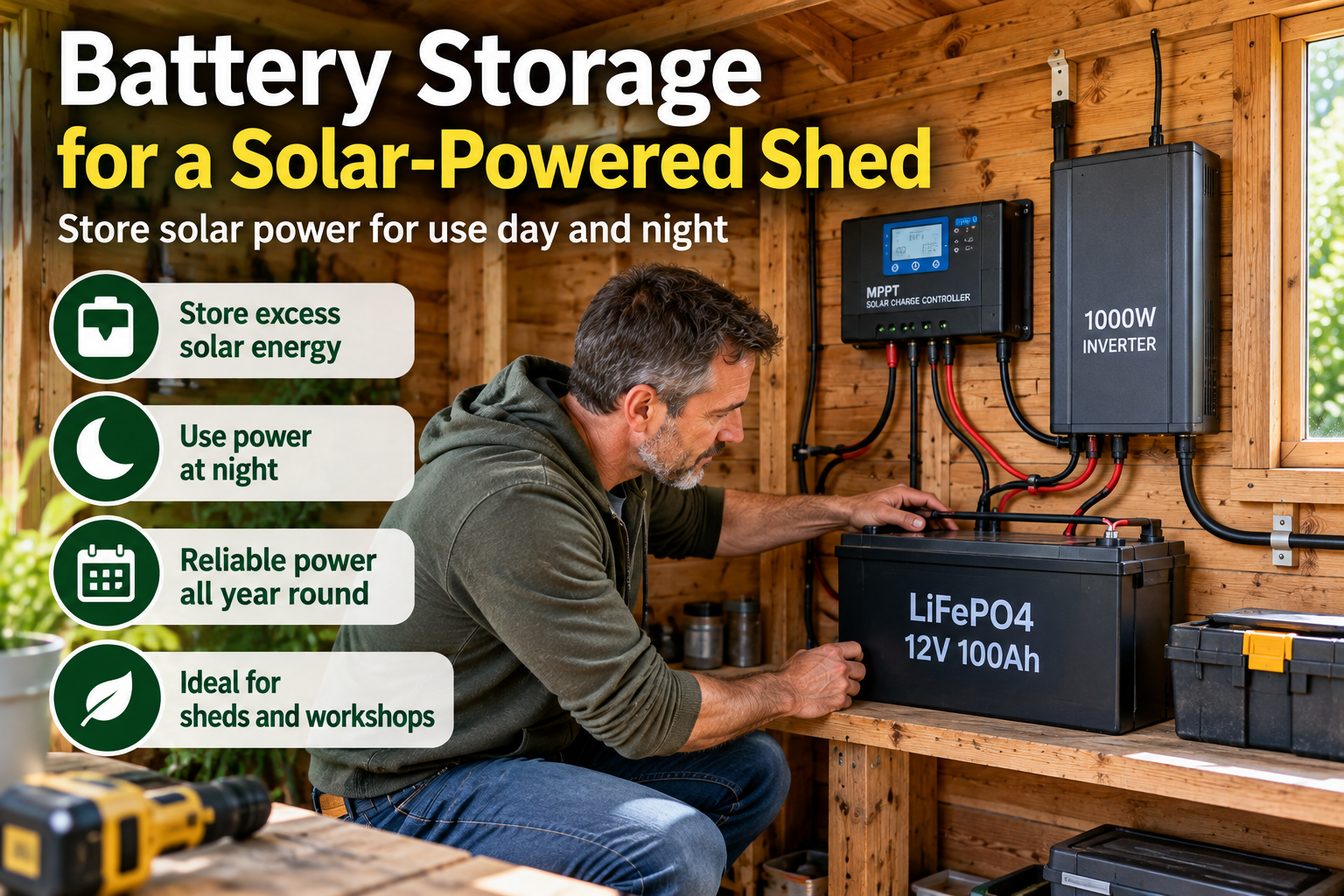 Battery storage system for a solar-powered garden shed