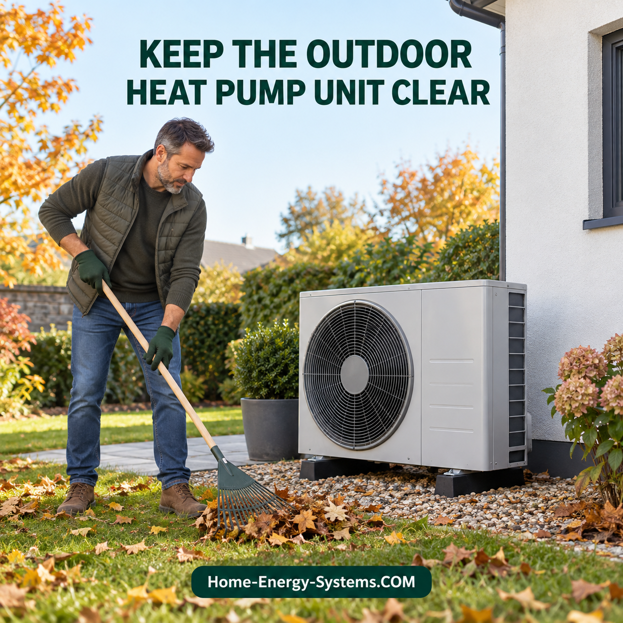 Homeowner clearing fallen leaves from outdoor heating equipment