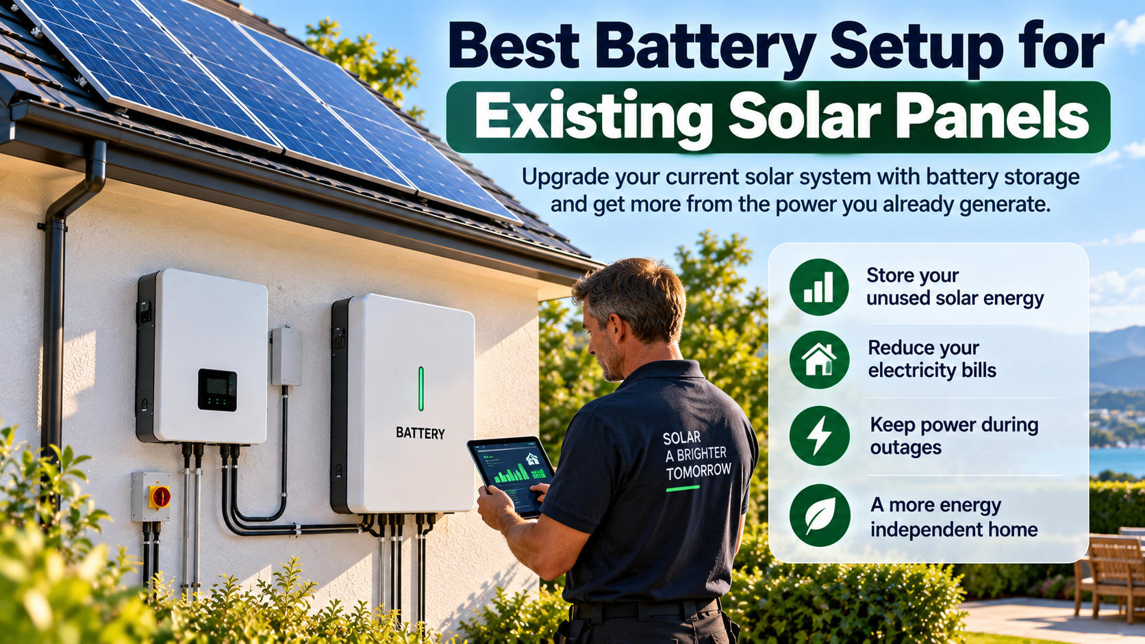 Technician adding a battery to an existing rooftop solar installation