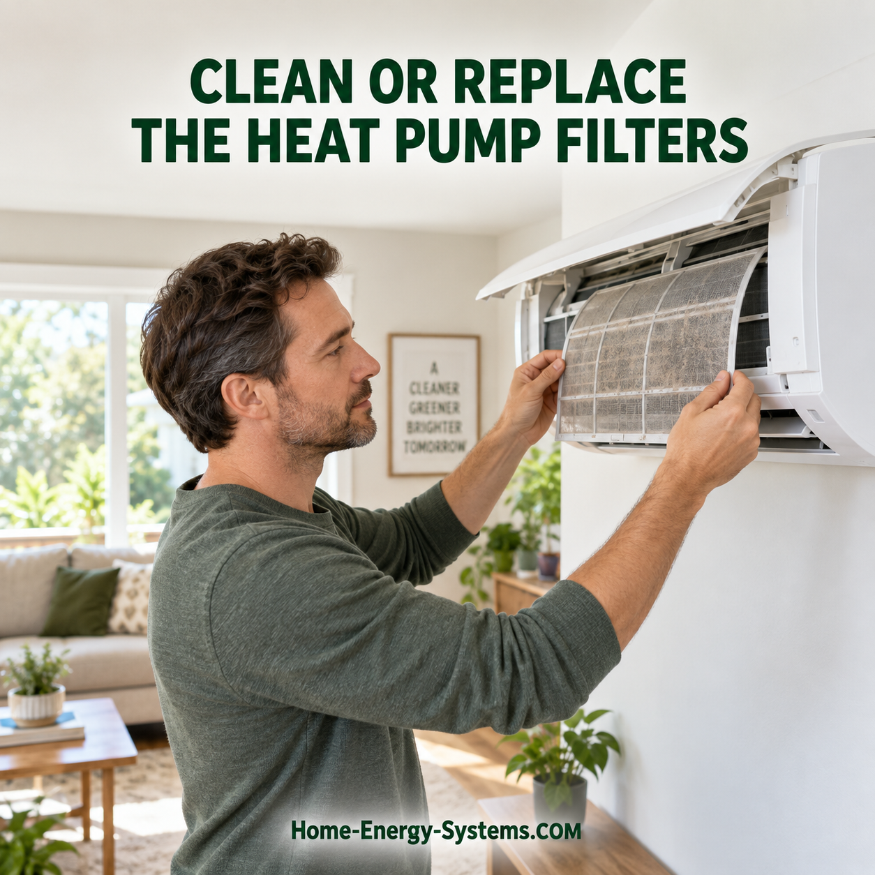 Homeowner removing a dirty filter from an indoor heat pump