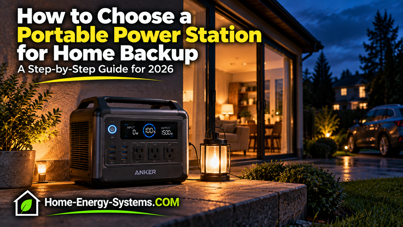 Portable power station outside a modern home during an evening power outage