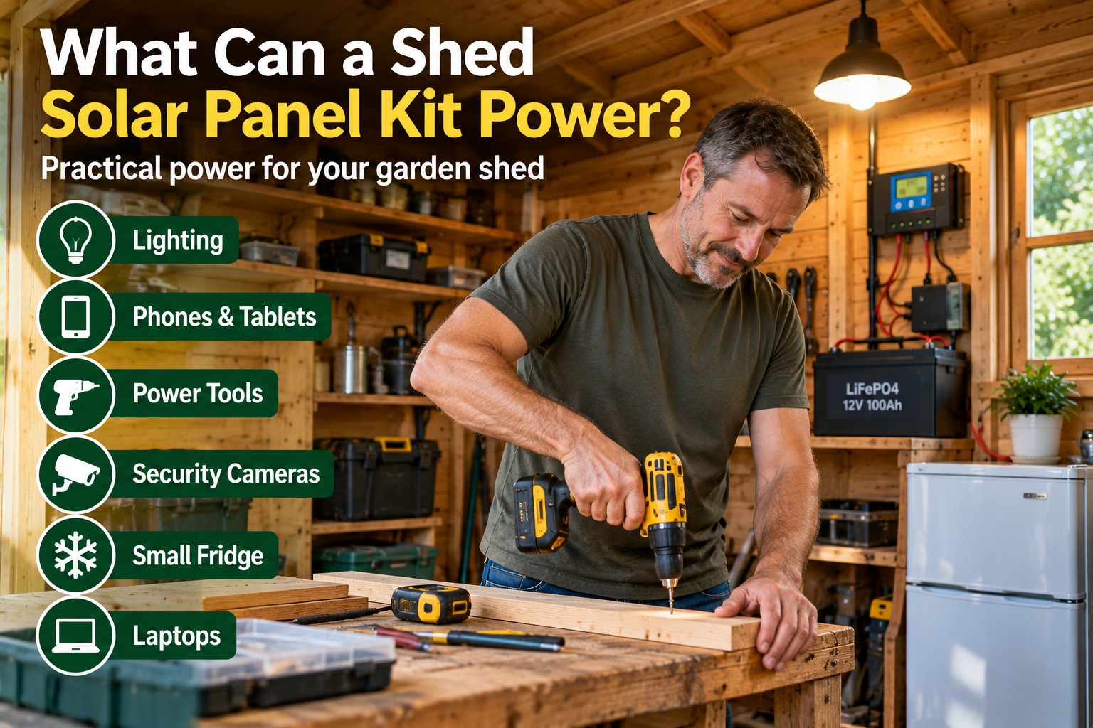 Shed solar panel kit powering lights tools and electronic devices
