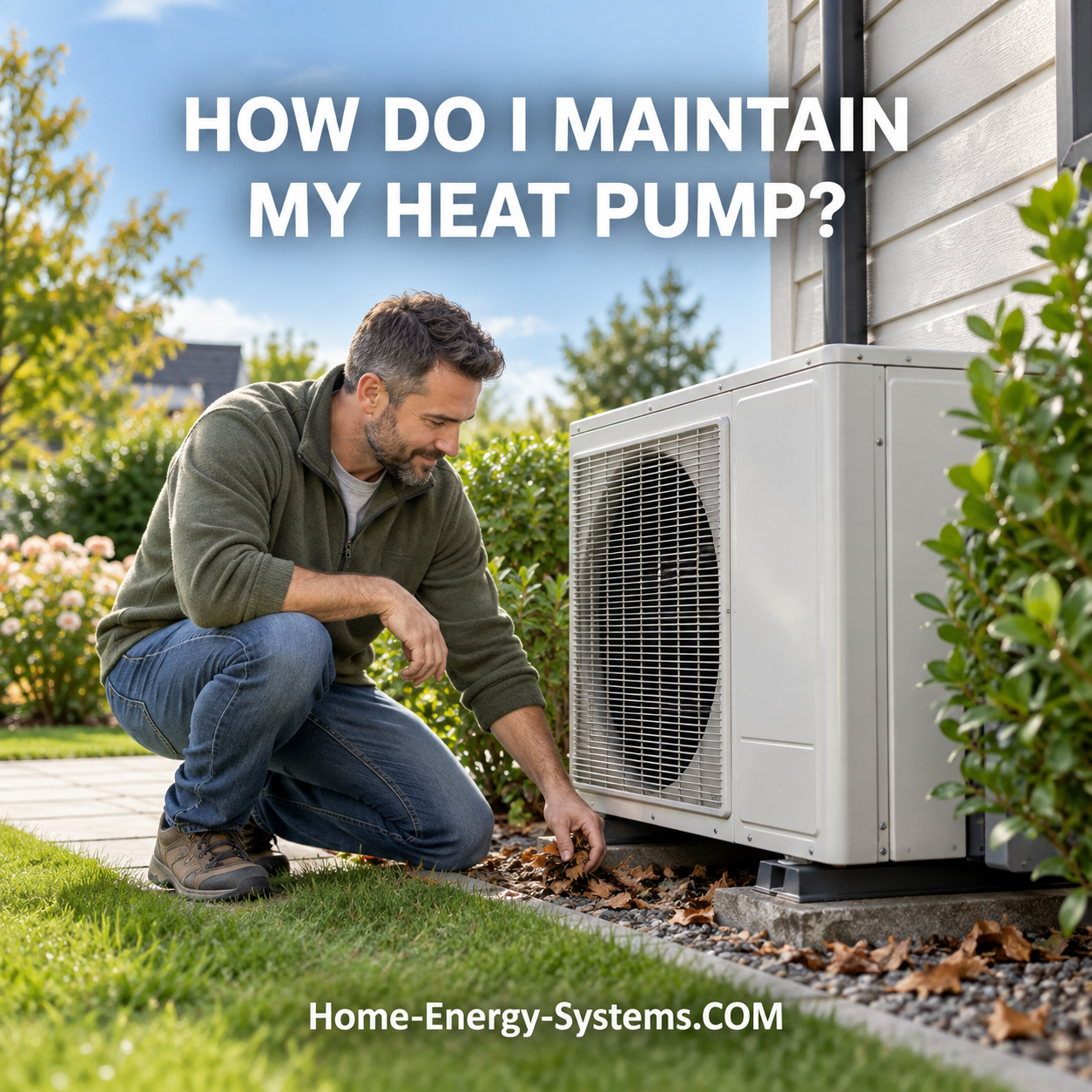 Homeowner carrying out regular heat pump maintenance beside a modern home